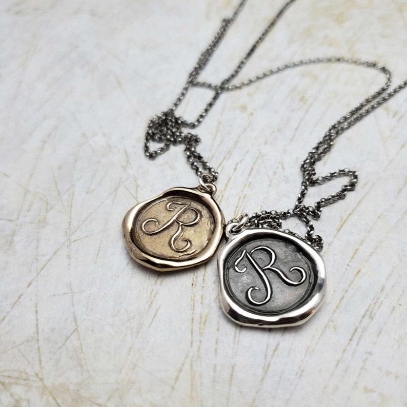 Initial R Bronze Monogram Wax Seal Pendant Necklace Wax seal Jewelry Letter Initial Pendant from Plum and Posey image 4