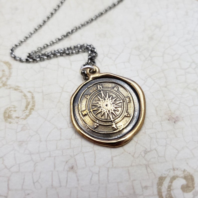 Compass Necklace from antique wax seal Compass pendant in Bronze 332B image 2