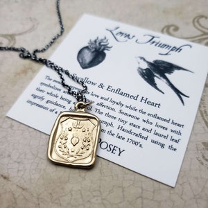Swallow and Enflamed Heart Wax Seal Pendant in Gold Vermeil - Ardent Hope, Love and Affection- 128G