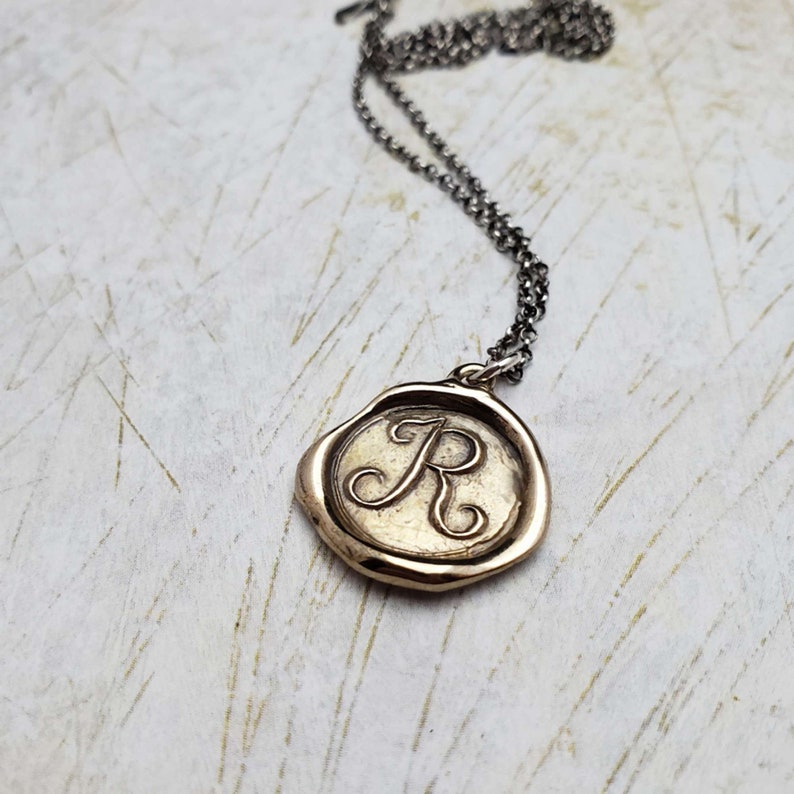 Initial R Bronze Monogram Wax Seal Pendant Necklace Wax seal Jewelry Letter Initial Pendant from Plum and Posey image 2