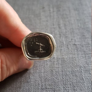 May include: A silver ring with a black wax seal featuring a small figure looking up at a constellation of stars.