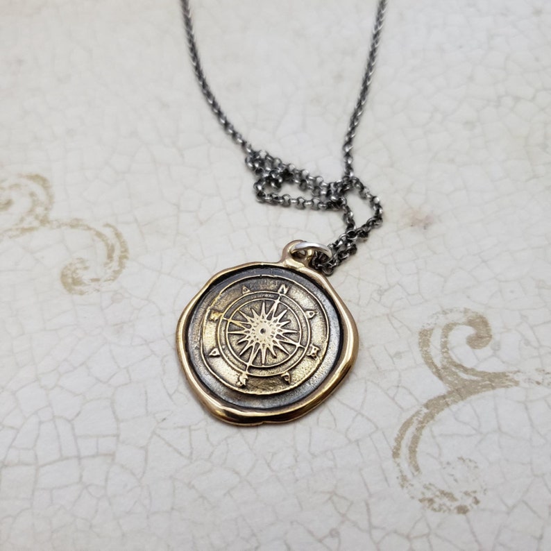 Compass Necklace from antique wax seal Compass pendant in Bronze 332B image 1