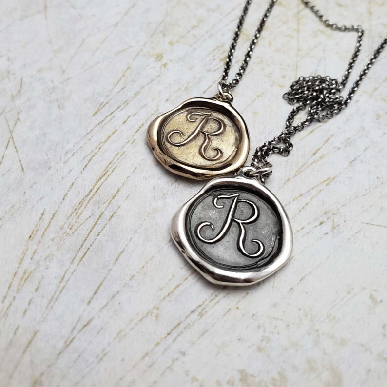 Initial R Bronze Monogram Wax Seal Pendant Necklace Wax seal Jewelry Letter Initial Pendant from Plum and Posey image 10