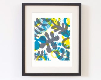 Garden Plant Print A3 - Grey Yellow Blue