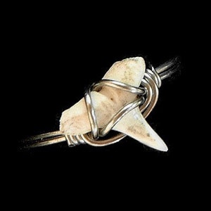 May include: A silver wire wrapped around a white shark tooth, creating a unique jewelry piece.