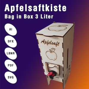 Peut inclure: Une boîte en bois avec un robinet pour distribuer du jus de pomme. La boîte est décorée d'un motif de pomme et du texte "Apfelsaft". La boîte a une capacité de 3 litres.