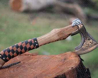 Hache De Viking Ragnar Lothbrok Lame Acier Carbone Manche Bois Etui Cuir Fabrication Artisanale HVK01 - Livraison Gratuite