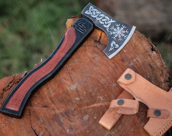 Handmade Mini Viking Axe: Engraved Wooden Handle, Camping Tool