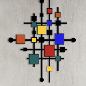 Arte de parede de metal com formas e linhas coloridas, escultura de parede abstrata, placa de metal abstrata de luxo, arte de parede de metal grande geométrica, melhores presentes