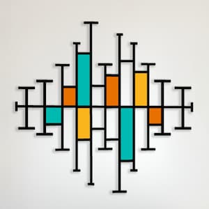 Arte de parede de metal com formas e linhas coloridas, escultura de parede abstrata, placa de metal abstrata de luxo, arte de parede de metal grande geométrica, melhores presentes