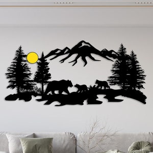 Mountain and Forest Metal Wall Art, Farmhouse Decor, Nature Decor Lover Gift, Pine Tree and Bear Outdoor Sign, Colorful Wildlife Metal Art