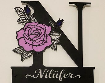 Custom Metal Name Sign: Floral Monogram Wall Decor