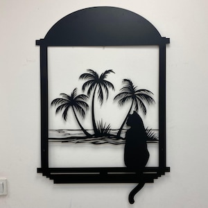 Metal Palm Tree Cat Wall Art: Coastal Beach House Decor
