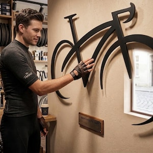 Può includere: Una grande scultura da parete in metallo nero opaco a forma di telaio di bicicletta montata su una parete beige. Sotto la scultura si trova una targa rettangolare in legno con una placca metallica recante il testo inciso, TOUCH TO FEEL THE CRAFT.