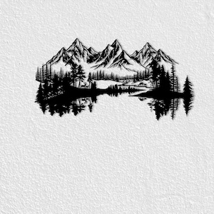 May include: Black metal wall art depicting a mountain range, trees, and a lake with reflections. The artwork features a detailed silhouette of a natural landscape, including deer and a campsite, against a white background.