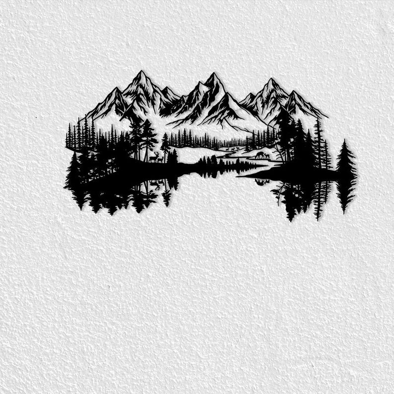 May include: Black metal wall art depicting a mountain range, trees, and a lake with reflections. The artwork features a detailed silhouette of a natural landscape, including deer and a campsite, against a white background.