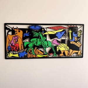 Arte mural de metal del Guernica de Picasso, arte mural colorido del Guernica, decoración de metal colorida para el hogar, tapiz de metal, decoración de sala de estar, obra de arte en metal