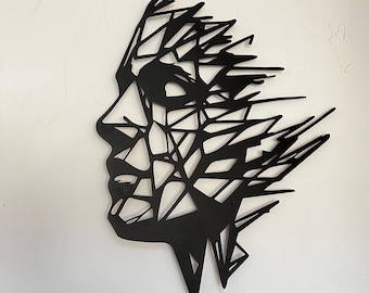 Abstrakte geometrische Gesicht Metallwandkunst, modernes minimalistisches Wanddekor, zeitgenössische menschliche Silhouette Metallskulptur für Wohnzimmer