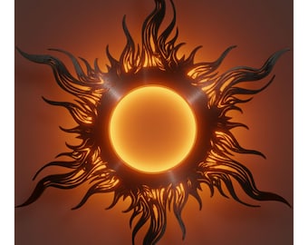Sun Wall Art with LED Backlight, Metal Sun Decor, Modern Celestial Wall Art, Glowing Sun Sculpture for Living Room