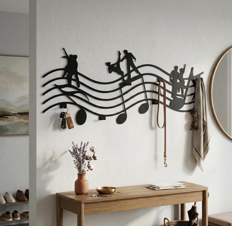 Musical Note Coat Rack Musical Wall Hook Rack, Dancing Silhouette Coat Rack, Music Note Wall ...