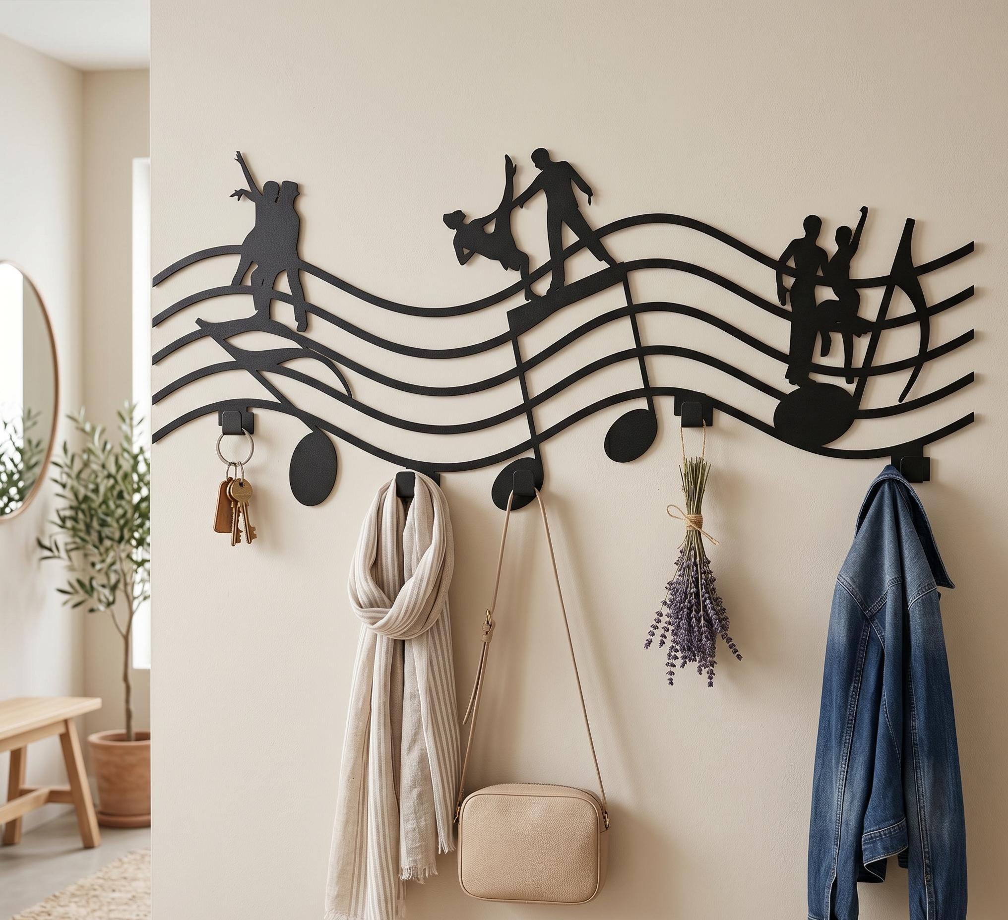 Musical Note Coat Rack Musical Wall Hook Rack, Dancing Silhouette Coat Rack, Music Note Wall ...