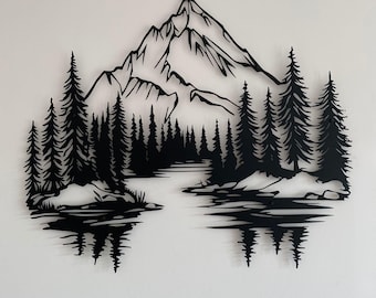 May include: Black and white silhouette of a mountain range with a river flowing through it. The mountain range is in the background and the river is in the foreground. There are trees on both sides of the river.