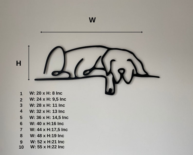 May include: A black line drawing of a dog lying down. The image includes measurements for different sizes of the drawing, ranging from 51 cm wide by 20 cm high to 140 cm wide by 56 cm high.
