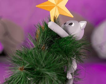 Adorno navideño para la punta del árbol: Gato trepando una estrella, impreso en 3D, ligero, colores personalizados.