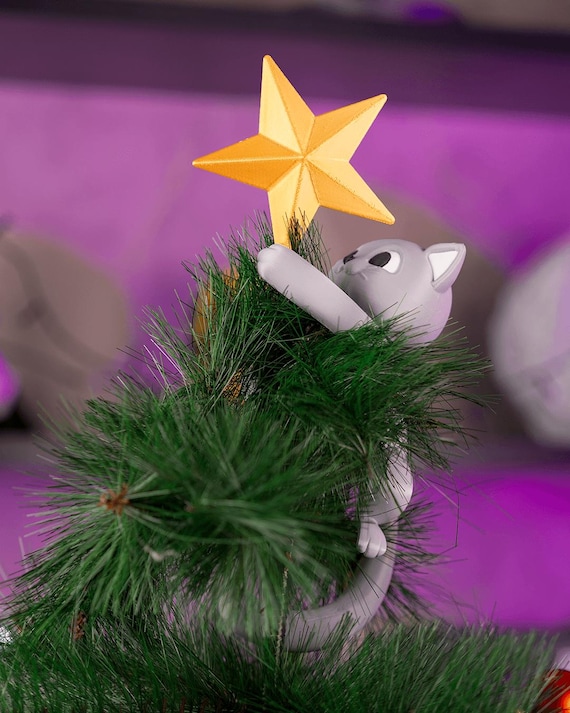 Meowy Christmas Tree Topper – 3D-Printed Cat Climbing with Star, lightweight, custom colors