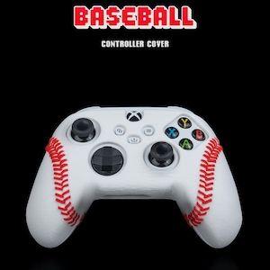 May include: White Xbox controller cover with a baseball design. The cover has red stitching and a white background with a baseball pattern.