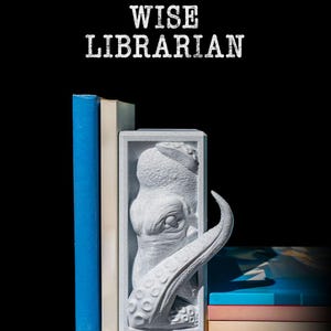 Op de afbeelding: Een grijze boekensteun met een octopus-thema met de tekst "WISE LIBRARIAN" erboven. De boekensteun staat naast een blauw boek en een stapel boeken met kleurrijke ruggen. De achtergrond is zwart.