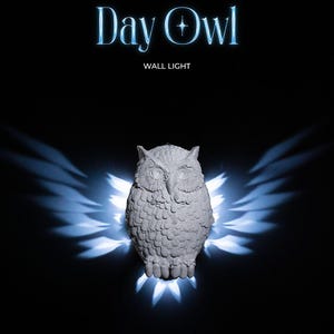 May include: A white owl wall light with a blue glow emanating from its wings. The light is labeled "Day Owl Wall Light".