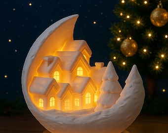 Village on the Moon Lamp – 3D Printed Christmas Village Night Light, Lunar Winter Home Decor, Cozy Holiday Gift