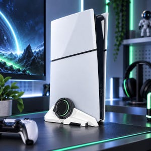 May include: A white and black gaming console standing vertically on a white base with a circular black accent piece. The console features a smooth, curved exterior design with a central black panel and a white outer shell, positioned on a desk.