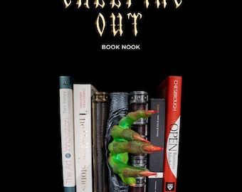 May include: Green and red bookends shaped like a monster hand with claws holding up a stack of books. The bookends are labeled "CREEPING OUT BOOK NOOK".