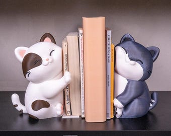 Cozy Snuggles Cat Bookend Set – 3D Printed Cozy Kitty Book Holder, Cute Gift for Book Lovers & Cat Owners