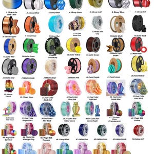May include: A collection of 57 spools of filament for 3D printing. The spools are arranged in rows and columns, and each spool is labeled with a number and a color name. The colors include glow in the dark, glossy, matte, pastel, dual color, tri color, magic silk, and galaxy.