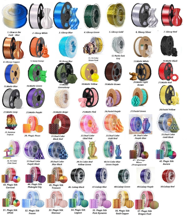 May include: A collection of 57 spools of filament for 3D printing. The spools are arranged in rows and columns, and each spool is labeled with a number and a color name. The colors include glow in the dark, glossy, matte, pastel, dual color, tri color, magic silk, and galaxy.