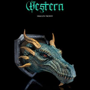 May include: A green and gold dragon head trophy mounted on a wooden shield. The dragon has a fierce expression with sharp teeth and claws. The text "Western Dragon Trophy" is displayed above the dragon head.