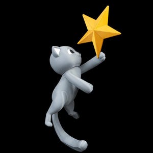 May include: A gray cat figurine reaching for a bright yellow star. The cat is in a playful pose, with its tail curved and its eyes focused on the star. The background is solid black.