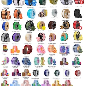 May include: A grid of 3D printing filament spools in various colors, including glossy, matte, and silk finishes. The image displays a wide range of hues, from blue and green to gold and red, with labels indicating the color and finish.