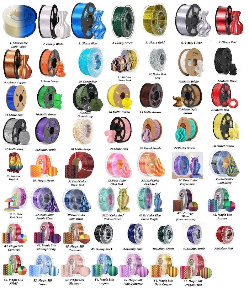 May include: A grid of 3D printing filament spools in various colors, including glossy, matte, and silk finishes. The image displays a wide range of hues, from blue and green to gold and red, with labels indicating the color and finish.