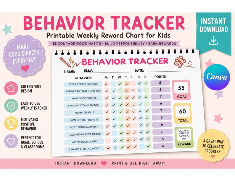 Kids Behavior Tracker Chart | Weekly Reward System (digital Download ...