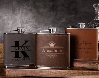 Personalized Leather Flask for Men, Groomsmen Gifts, Custom Leather Hip Flask, Engraved Flask for Groomsmen, Best Man Gifts, Wedding Flask