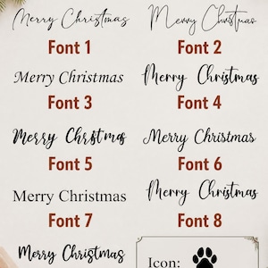 May include: A font options chart displaying nine distinct black script and serif typefaces for the phrase Merry Christmas, labeled Font 1 through Font 9. A rectangular box at the bottom right features a black paw print icon labeled as Icon: Paw.