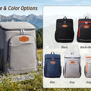 May include: A gray insulated backpack with a brown patch, measuring 17.3 inches tall, 11.8 inches wide, and 5.9 inches deep. Additional color options include black, black with red trim, blue, gray, and gray with orange trim.