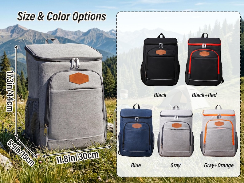 May include: A gray insulated backpack with a brown patch, measuring 17.3 inches tall, 11.8 inches wide, and 5.9 inches deep. Additional color options include black, black with red trim, blue, gray, and gray with orange trim.
