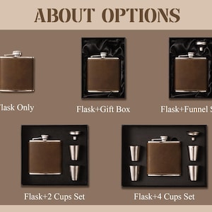 May include: Five different options for a brown leather flask set. The first option is a flask only. The second option is a flask with a gift box. The third option is a flask with a funnel. The fourth option is a flask with two cups. The fifth option is a flask with four cups.