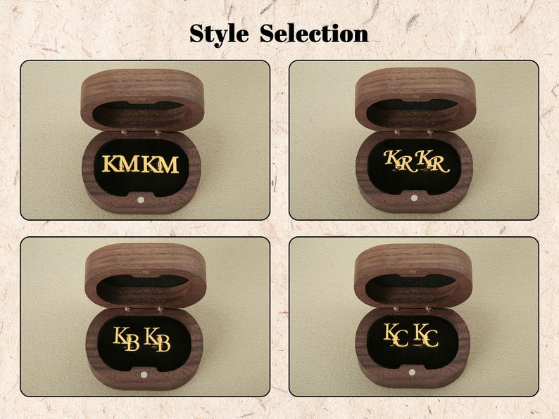 May include: Four wooden boxes with velvet interiors, each displaying a different style of personalized lettering. The boxes are open and show the lettering inside. The lettering styles are "KMKM", "KRKR", "KBKB", and "KCKC".