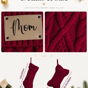 May include: A deep red cable-knit Christmas stocking featuring a tan rectangular patch with the word mom printed in black. The stocking measures 13 inches in height and 9.4 inches in width, while the bone-shaped stocking is 15.7 inches by 9 inches.